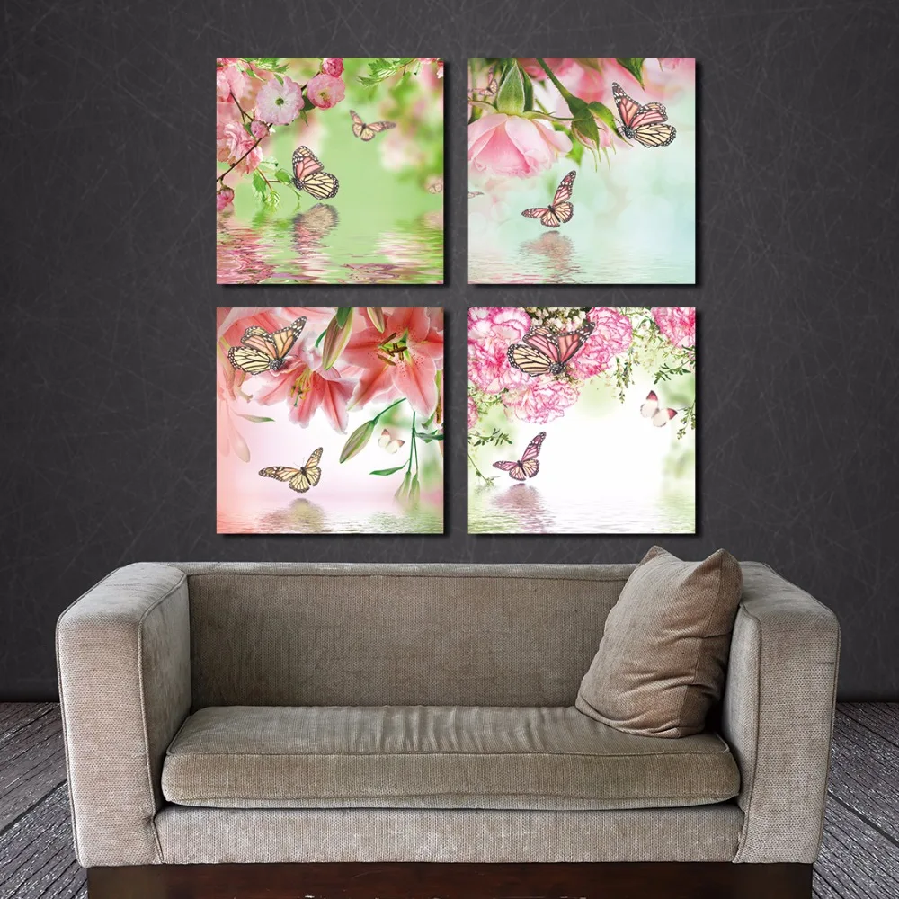4 панели большой современный цветок бабочка холст масляная живопись настенное