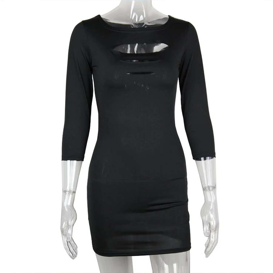 DICLOUD Sexy Sheath Dress Women Fashion Three Quarter Round Neck Slim Ladies Dresses Black Red Party Hole Mini Vestidos Summer