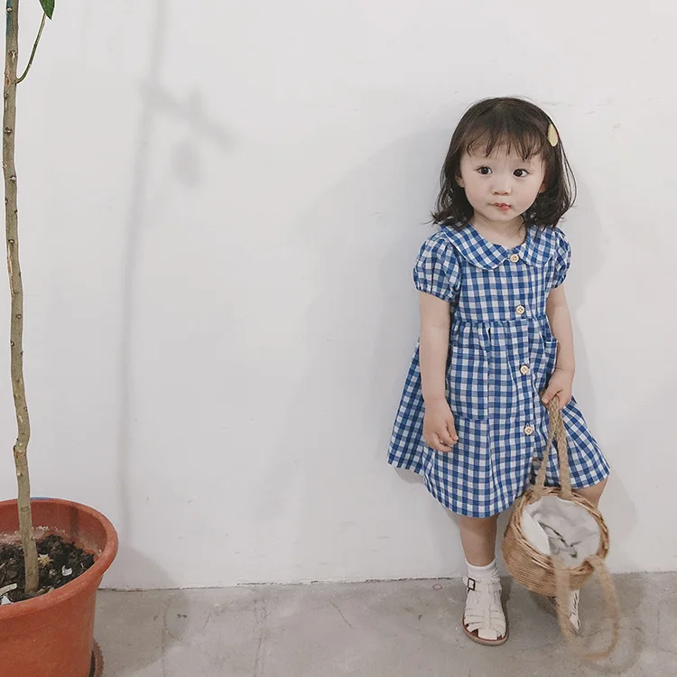 Summer 2018 Korean style baby girls fashion plaid dresses 1-4 years all-match doll collar short sleeve dress | Детская одежда и