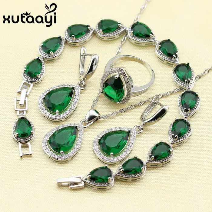 green 4pcs 925 серебряные капли воды свадебный набор украшений для женщин голубой кубический цирконий белые камни браслет серьги ожерелье кулон кольца - Окраска металла: green 4pcs