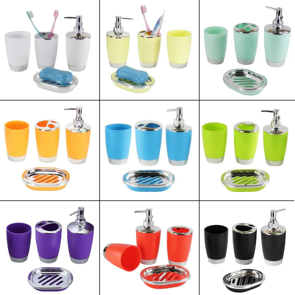 

4 Pcs/Set Bathroom Suit Plastic Shampoo Press Bottle Wash Gargle Cup Toothbrush Holder Soap Dish Bath Accessories --M25