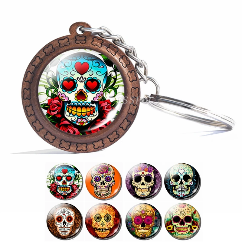 Мексиканский традиционный брелок с черепом из сахара кабошон фото стеклянный