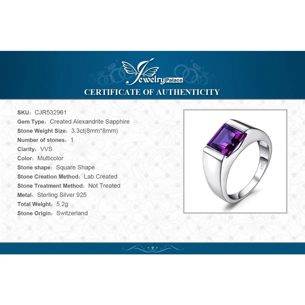 Jewelrypalace Для мужчин площади 3.3ct создан Александрит сапфир 925 Щепка кольцо Винтаж