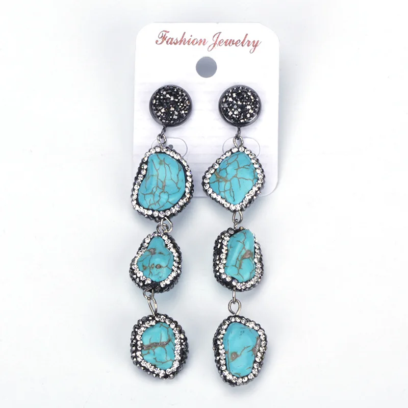 

Blue Rough Semi Precious Stone Howlite Turquoises Pendant Charm Pave Rhinestone Layered Layer Dangle Earring For Women Brincos