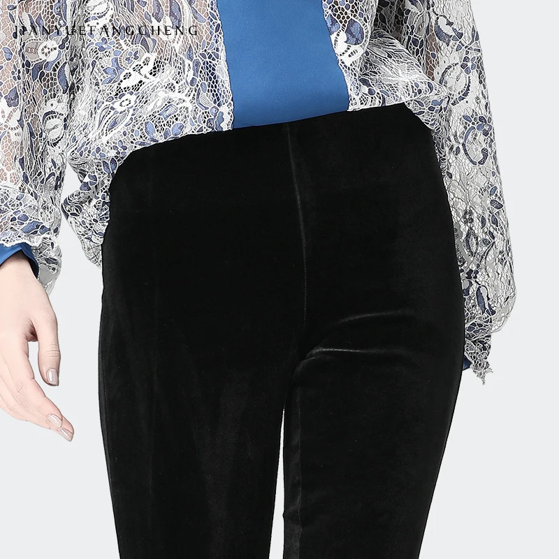

Black Velour Long Women' Pants High Waist Elastic Slim Boot Cut 2019 New Fashion Female Autumn Winter Trousers Size S-4XL