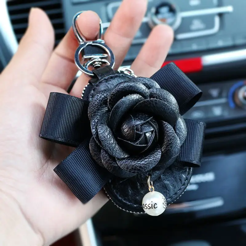 Кожаный чехол для ключей Camellia с цветком, чехол для ключей, кошелек для хранения, сумки с кристаллами и стразами, автомобильный держатель для ключей, чехлы для женщин, подарки для девочек