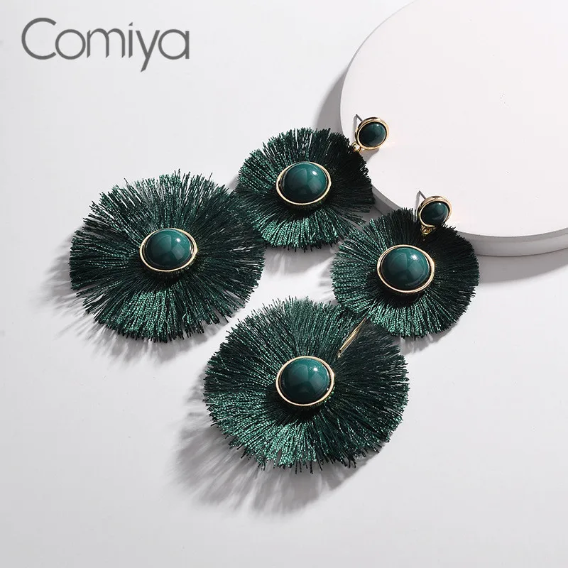 Женские серьги кисточки Comiya длинные темно зеленого цвета в этническом стиле