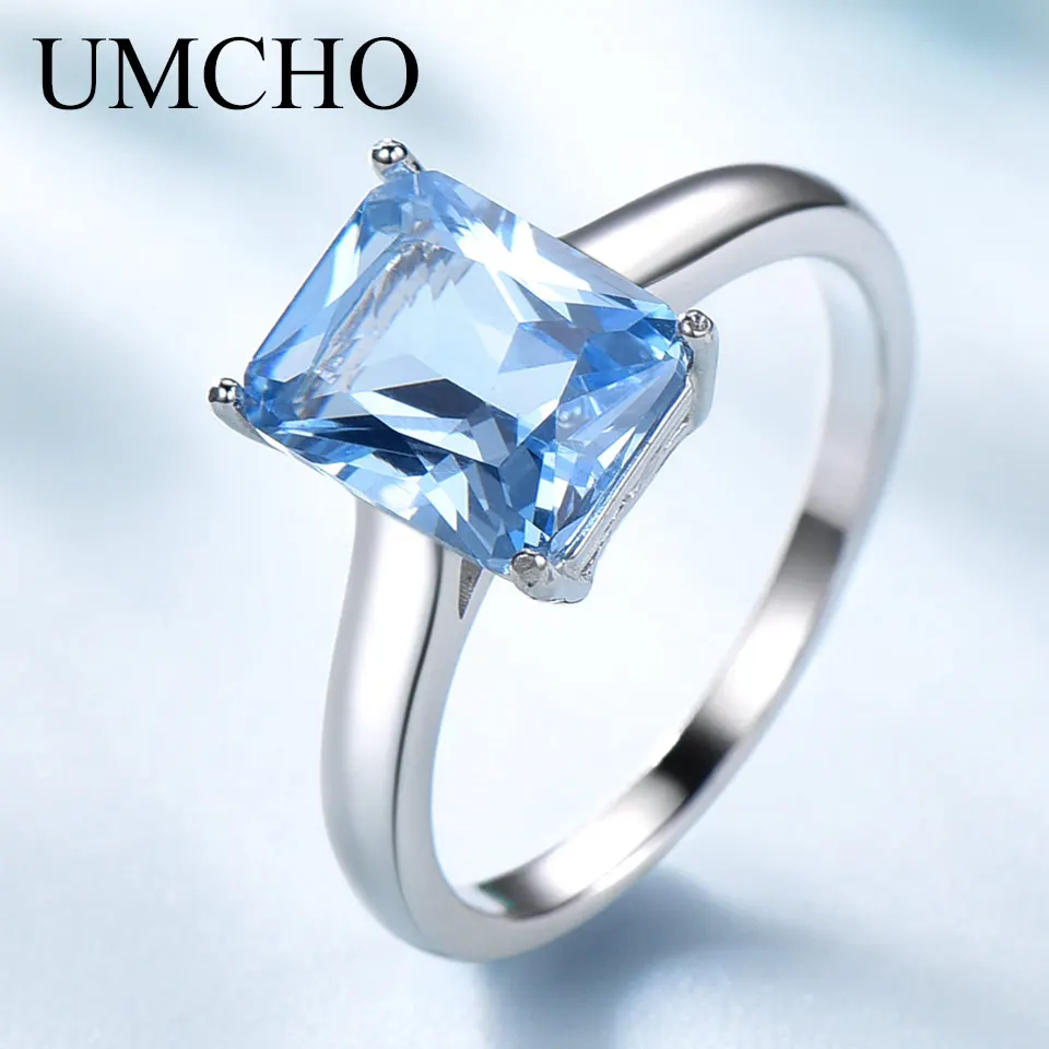 UMCHO, роскошное небесно-голубое кольцо с драгоценным камнем топазом, цельное 925 пробы Серебряное обручальное кольцо для женщин, очаровательные вечерние ювелирные украшения для женщин