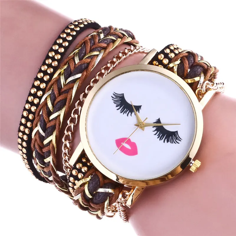Модные Золотые женские часы браслет Заклёпки кожа сонные глаза красивые