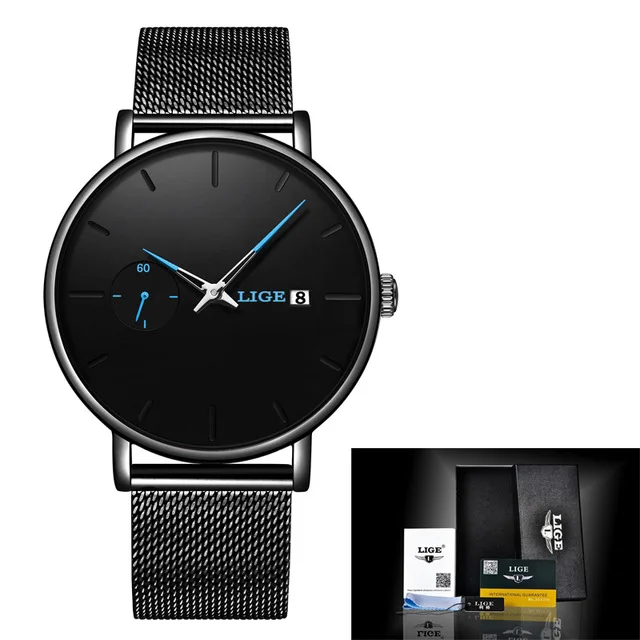 Black blue Мужские часы Топ люксовый бренд LIGE модные повседневные кварцевые аналоговые часы мужские водонепроницаемые спортивные деловые наручные часы мужские часы+ коробка - Цвет: Black blue