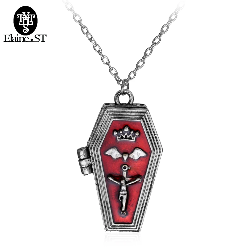 Готическое Красное Эмалевое Вампирское Хэллоуинское Батское Открытое Ящичное Гробовое Винтажное Панковское Крутое Ожерелье с Крестом Иисуса.