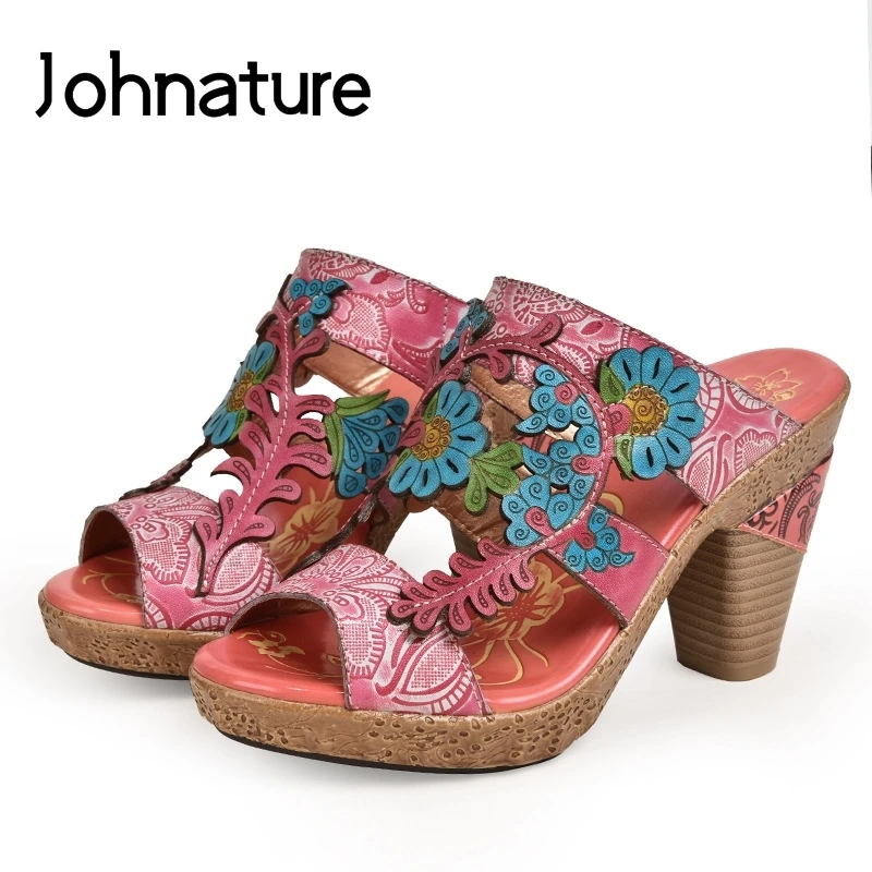 Женские шлепанцы на высоком каблуке Johnature из натуральной кожи с цветочным узором