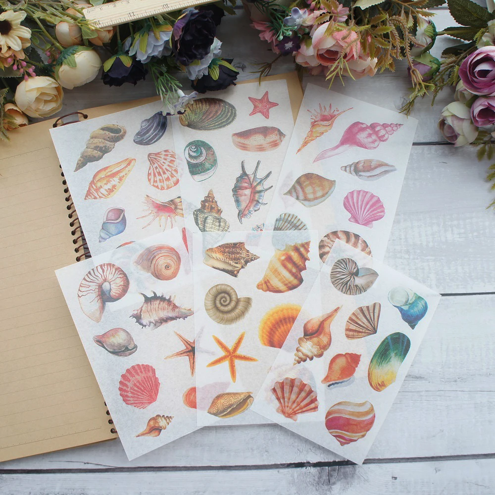 

6 Sheets sea Conch shell Style Paper Sticker Scrapbooking DIY Gift Packing Label Decoration Tag Party Decoration
