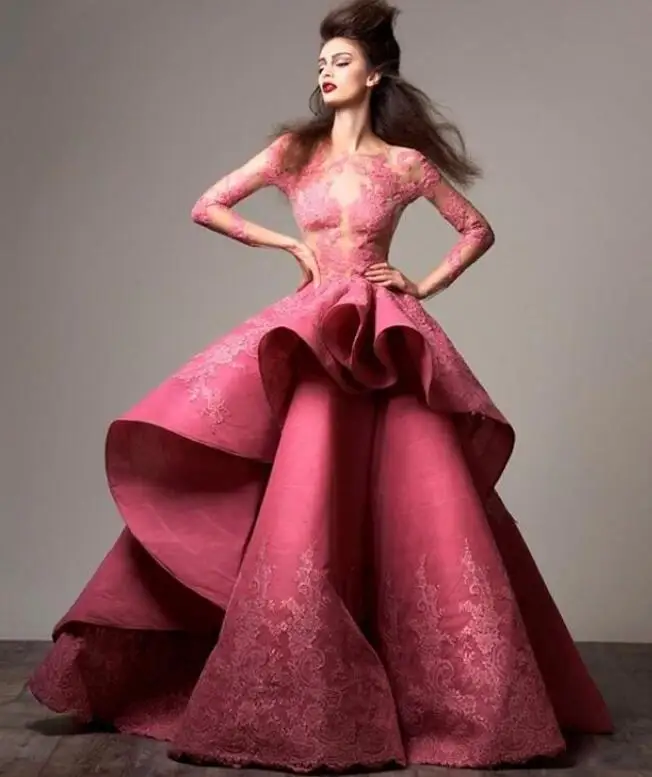 Красный Haute Couture Выпускной с длинным рукавом Иллюзия Средства ухода за кожей Шеи Аппликация Вечерние платья Дубай Арабский Для женщин одежда официальная Вечеринка платье - Цвет: Красный