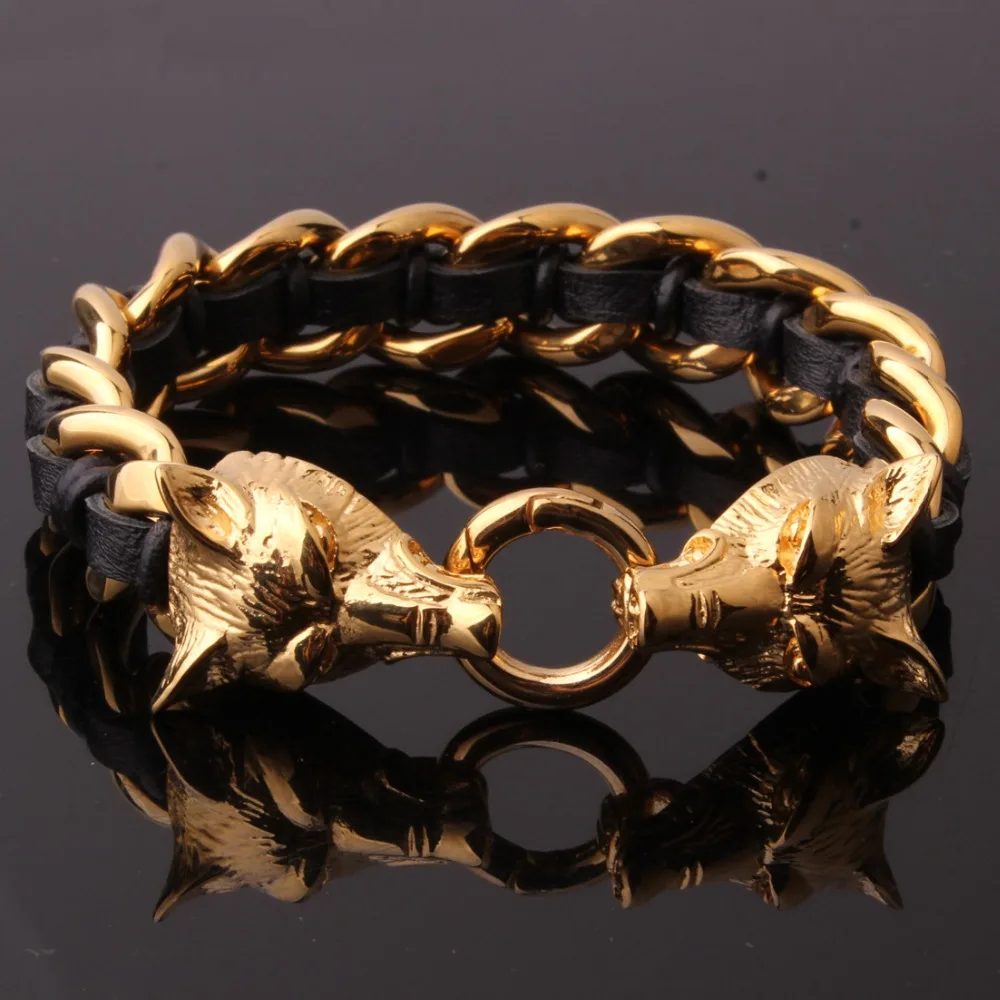 

Punk Stainless Steel Gold Black 3D Wolf Head Black Leather Woven Bracelet Chain Cuff Bangle Men's Boy's Jewelry Christmas Gift