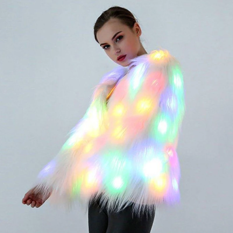 6XL, Женское пальто из искусственного меха, светодиодный, рождественские костюмы, для косплея, пушистая Меховая куртка, верхняя одежда, зимние, теплые, праздничные, вечерние, Клубные пальто