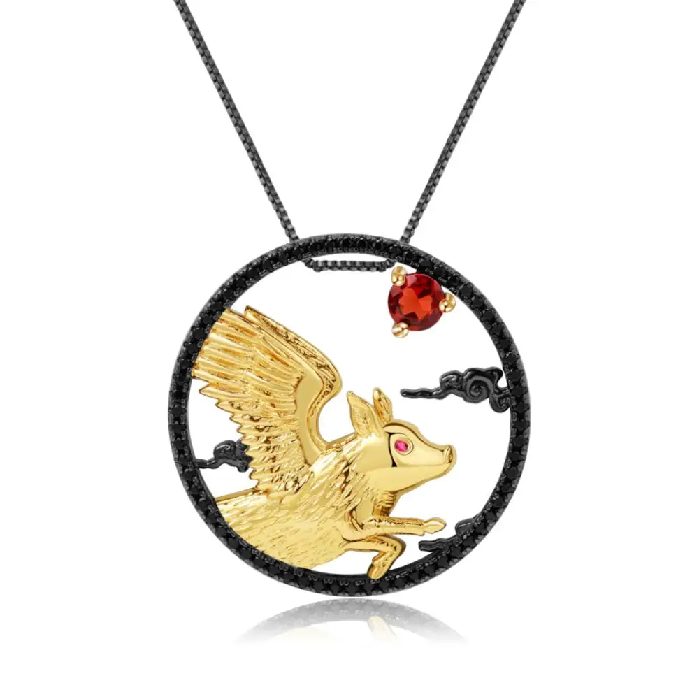 GEM'S балет натуральный красный гранат драгоценный камень 925 пробы серебро ручной работы свинья рыцарский Зодиак ювелирные изделия кулон ожерелье для женщин