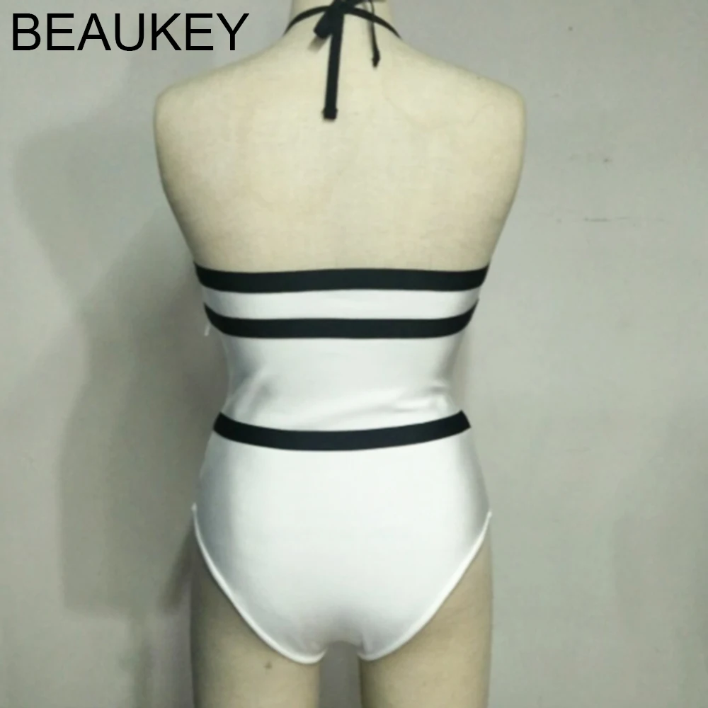

2018 Summer Sexy Women's White Black V Neck Halter Hollow Out Rayon Bodysuit Sexy bikini beach wear