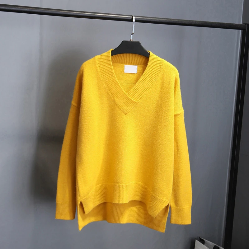 Женский шерстяной вязаный пуловер свободный свитер с V-образным вырезом
