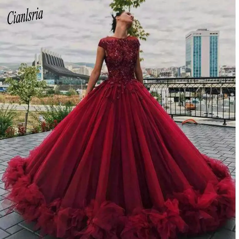 

Dark Red Ball Gown Quinceanera Dresses Lace Appliques Beads Cap Sleeves Sweet 15 16 Year Formal Prom Party Dress