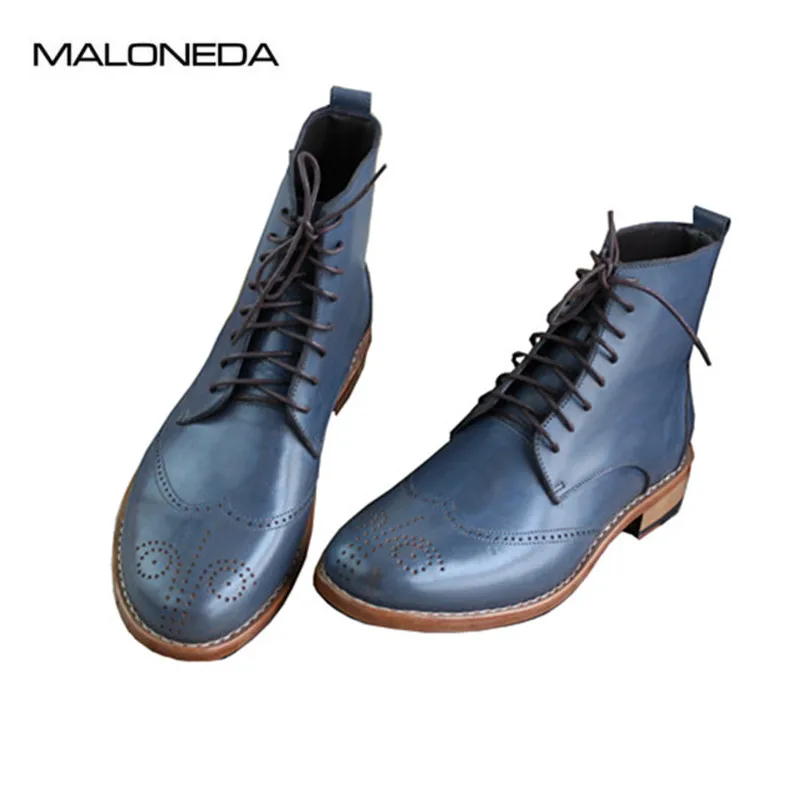 Мужские короткие ботинки MALONEDE erkek ayakkabi ручной работы из коровьей кожи синего цвета