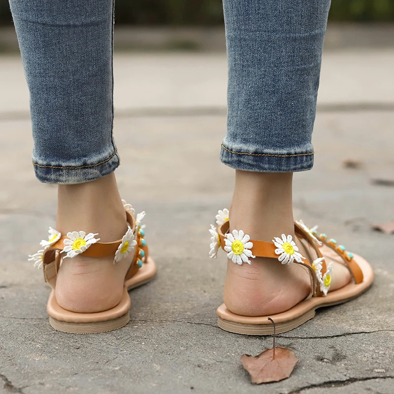 Женские сандалии новинка 2019 летняя обувь женские на плоской подошве с цветами