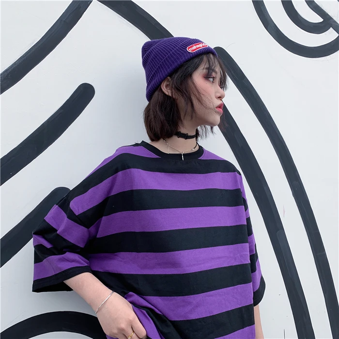 Ulzzang Harajuku фиолетовый черный полосатый рубашка студенческий свободный стиль бойфренд с коротким рукавом футболки