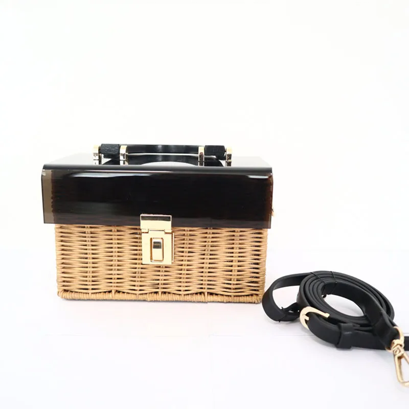 black Fashion new acrylic flip straw braided bag wooden handle woven bag handmade holiday travel rattan bag - Цвет: black