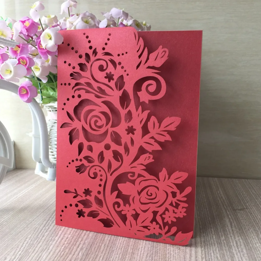 

50pcs Laser Cut shiny paper craft 21 colors Flower Wedding Party decoration Invitation Card weddingBirthday Blessing Paper card