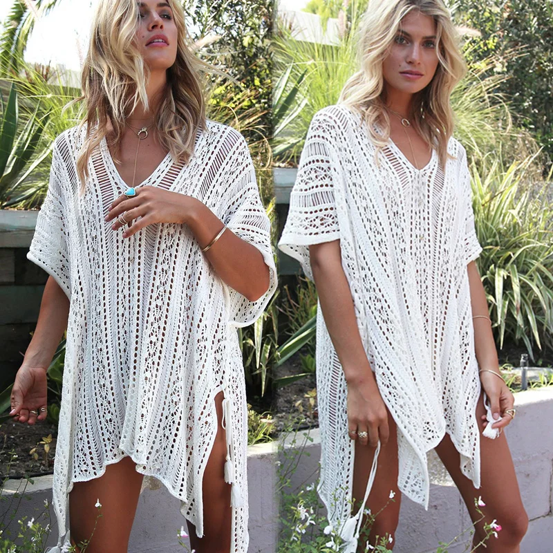 

Hollow Out Knitting Cover ups for Beach Sunscreen Crochet Pareo na plaze Swimsuit Cover up Split Women Beach dress multicolor