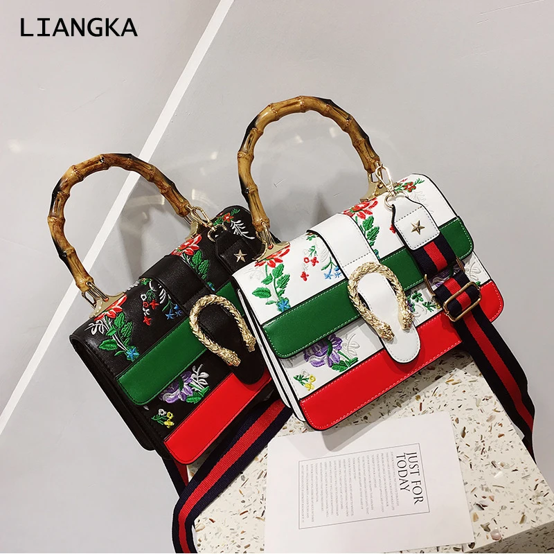 LIANGKA PU Leather Female Fashion Handbag Floral Embroidery Bamboo Handle Bag Ladies Shoulder Clutch For Women 2018 | Багаж и сумки