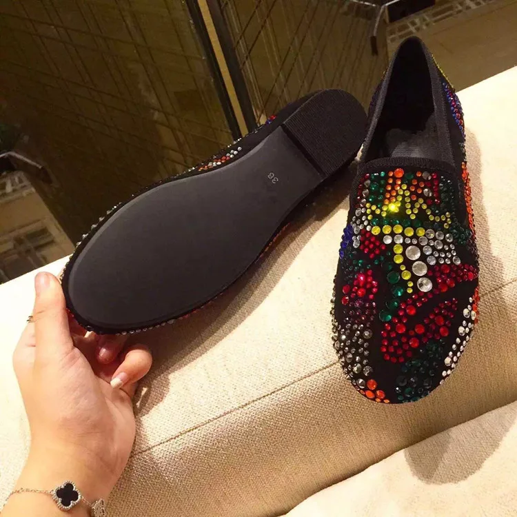 YUE JABON loafers shoes women luxury colorful crystal slip on platform casual shoes woman shinning bling solid flat heels shoes