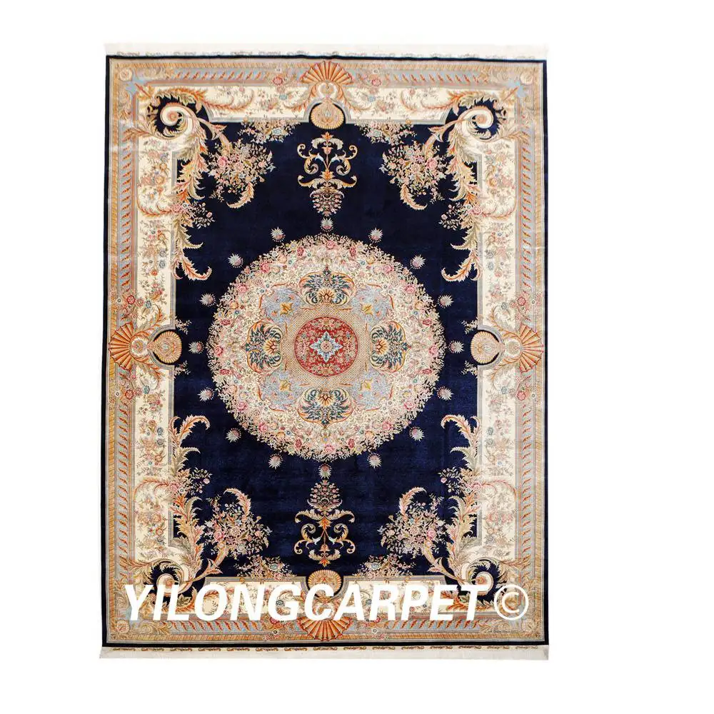 Navy Blue YILONG 10'x14' большой шелковый ковер ручной работы для гостиной Восточный ковер - Color: Navy Blue