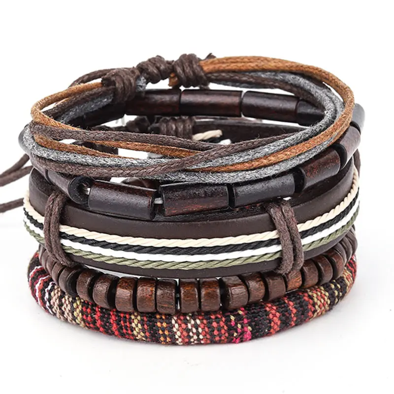 Оптовая продажа 15 шт./компл. Многослойный кожаный мужской браслет с деревянными