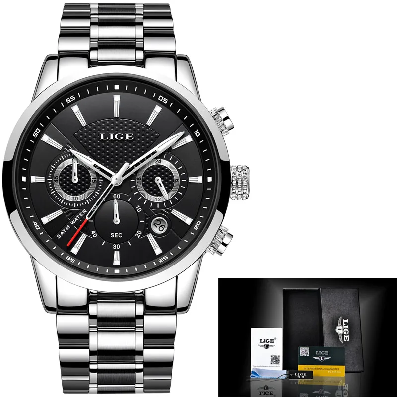 S Silver Black Мужские часы, новинка, мужские часы LIGE, мужские часы, Топ бренд, роскошные мужские спортивные кварцевые часы, военные водонепроницаемые часы с хронографом - Цвет: S Silver Black