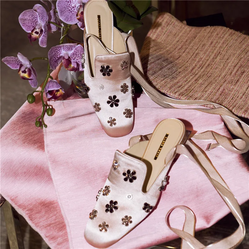 2019 hot sale sweet floral mule sandals woman fashion slides slip on round toe slippers clear heel mules | Обувь