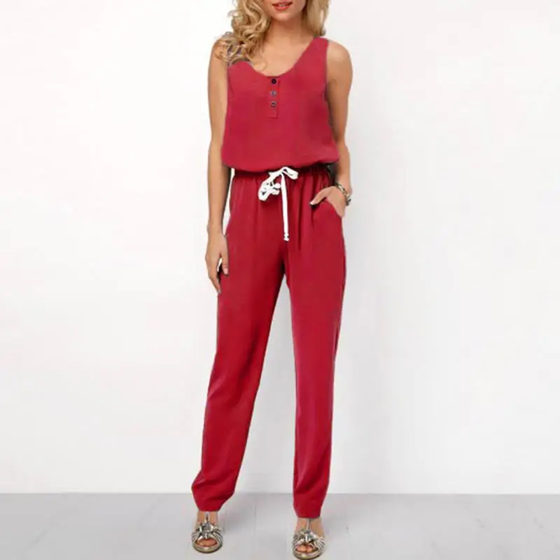 

Sleeveless O-Neck Button Women Summer Casual Jumpsuits Waist Drawstring Female Fashion Streetwear Jumpsuits WS8540C
