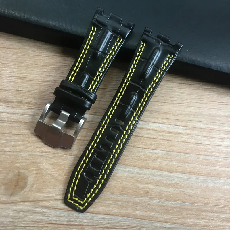 28mm*22mm(buckle) Black With White Yellow stitches Red Blue Genuine leather watchband for AP Watch Strap men bracelet