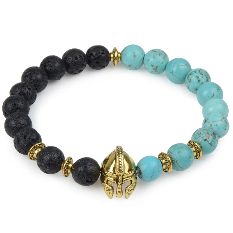 Леопардовый лев голова Будда бусины Браслет Подвески эластичность веревка натуральный камень браслет животное ручной Лава браслет для женщин и мужчин шлем - Окраска металла: Lava turquoise stone