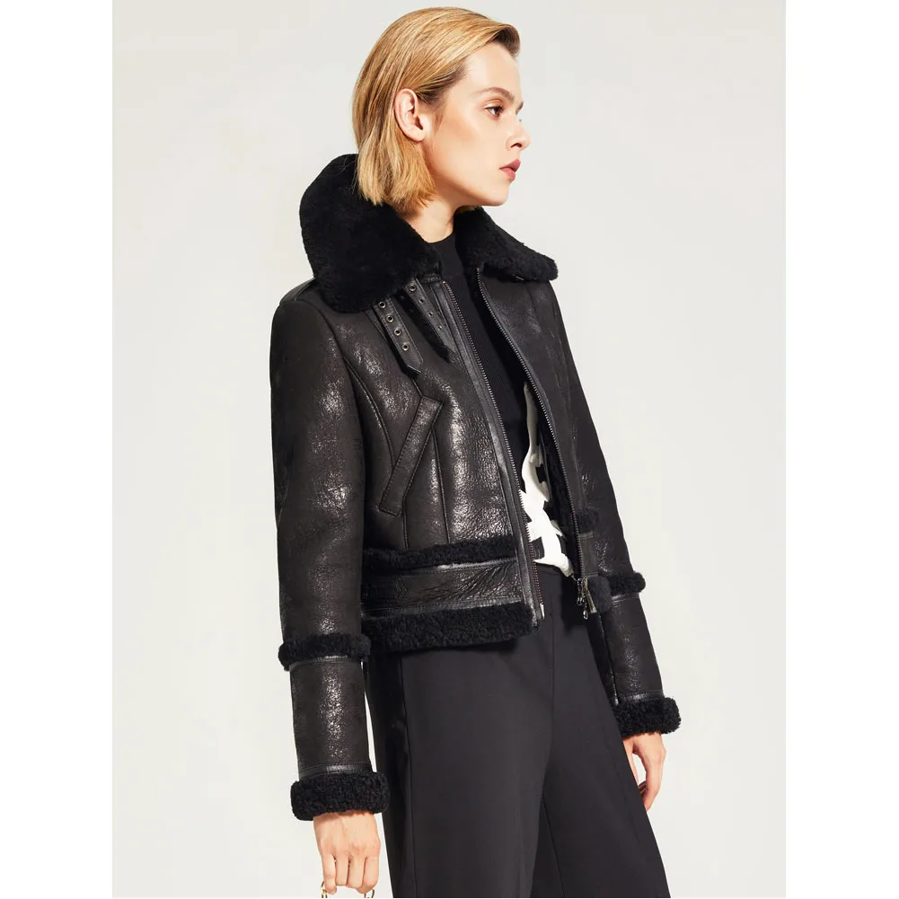 Denny&Dora Women's Leather Winter Warm Short Shearling Jacket Motorcycle Leather Fur Jacket