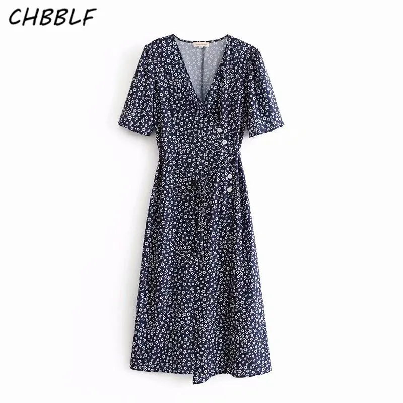 CHBBLF женщины Креста V шеи floral wrap dress С симпатичным бантом галстук с коротким