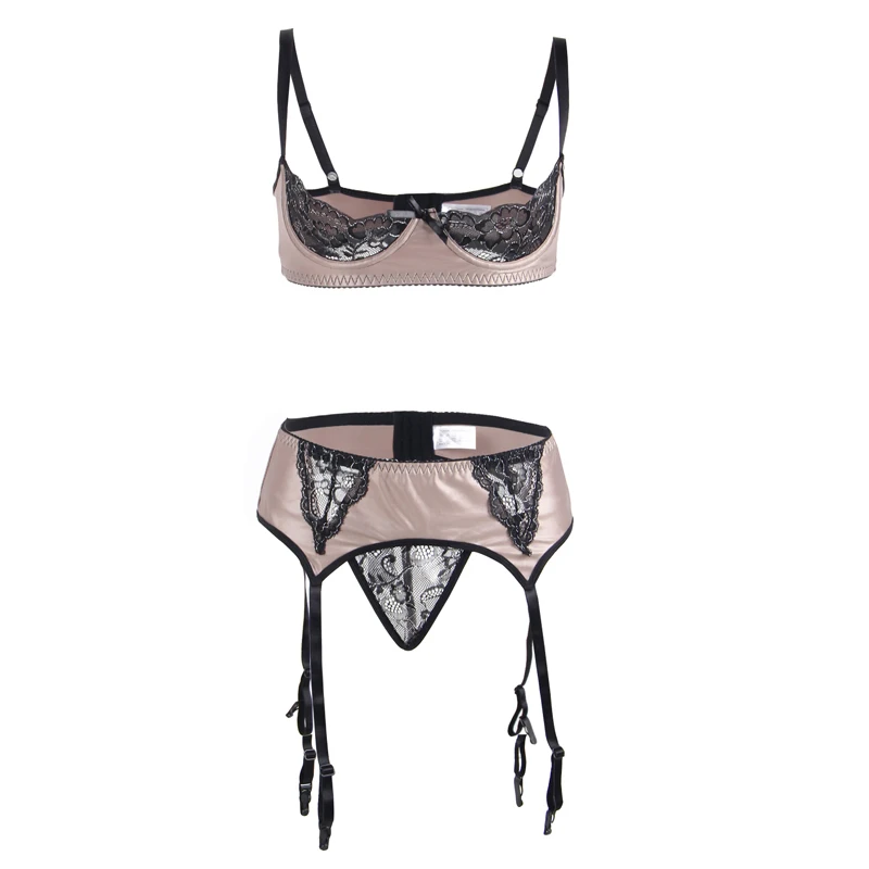 Valentine's day sexy women lingerie set plus size satin open bra garter belt femme set803 | Тематическая одежда и