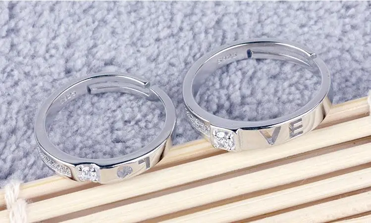 100% 925 sterling silver romantic love letter shiny crystal lovers`rings adjustable finger ring jewelry engagement gift cheap | Украшения и