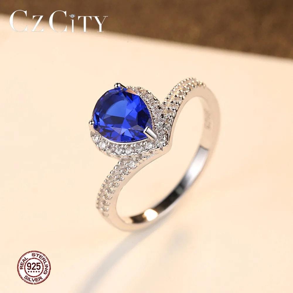 CZCITY Роскошные слеза Форма синий сапфир драгоценный камень кольцо 925