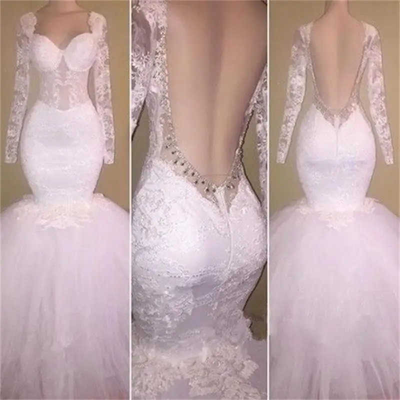

Backless White Mermaid Wedding Dresse New Lace Applique See Through Floor Length Long Sleeve Formal Wedding Bridal Gown