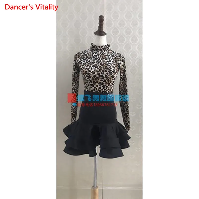 

New velvet leopard print Girls Latin dance clothes children long sleeve Stage performance dress girls dance practice costumes