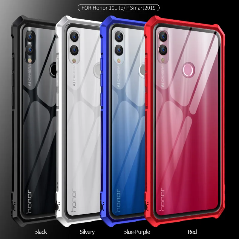 For Huawei P Smart 2019 Bumper Case Aluminum Metal Frame with Clear Tempered Glass Back Cover for Honor 10 Lite |