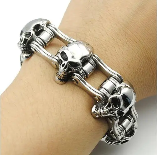 

High Quality! 23mm Width Big Heavy Retro Skull Bracelet 316L Stainless Steel Men's Biker Bicycle Motorcycle Hand Chain Bracelets
