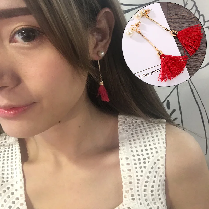 Серьги гвоздики с кисточками женские висячие украшения искусственным жемчугом