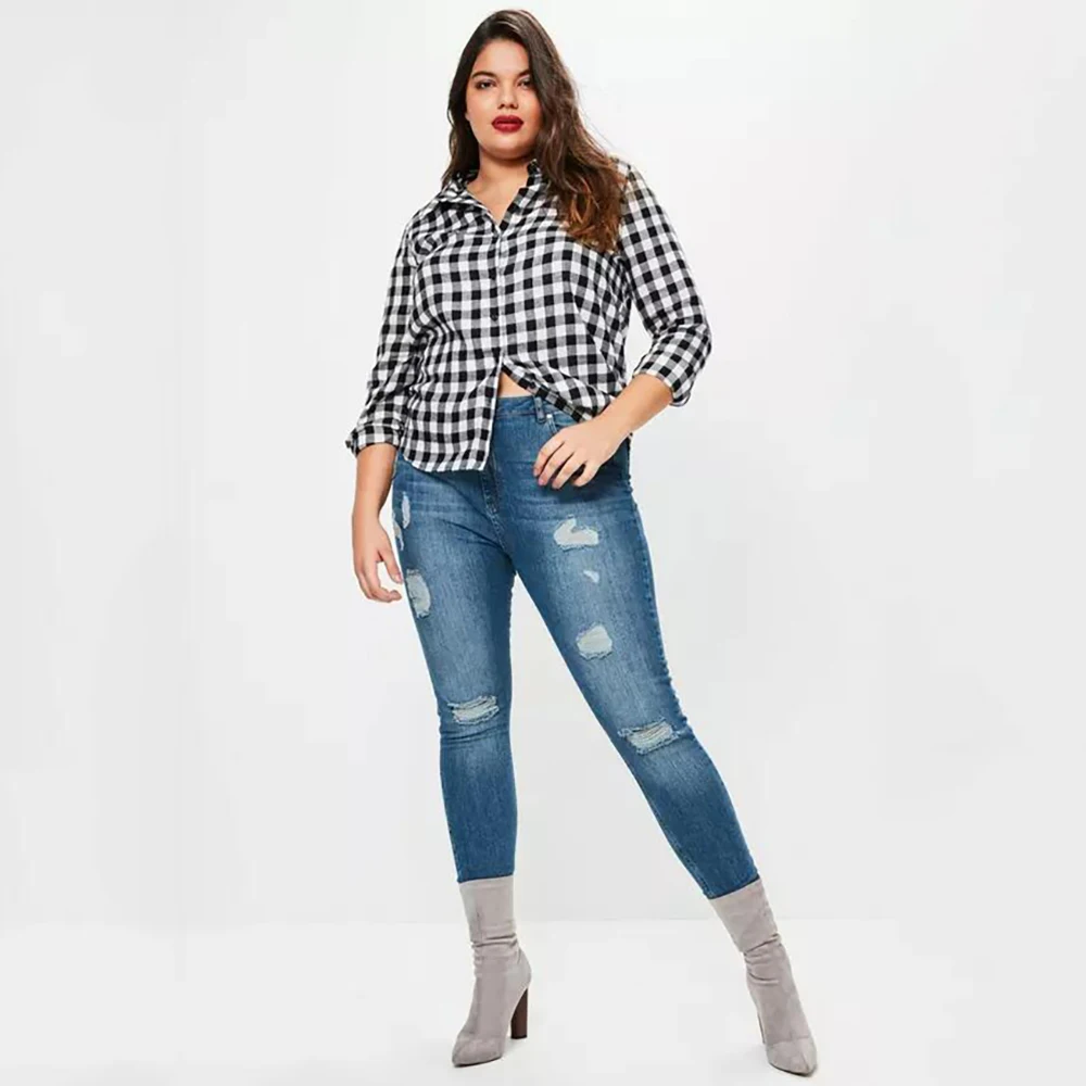 Kissmilk Big Size New Fashion Women Clothing Casual Plaid Loose Blouse OL Style Button Plus 3XL 4XL 5XL 6XL | Женская одежда